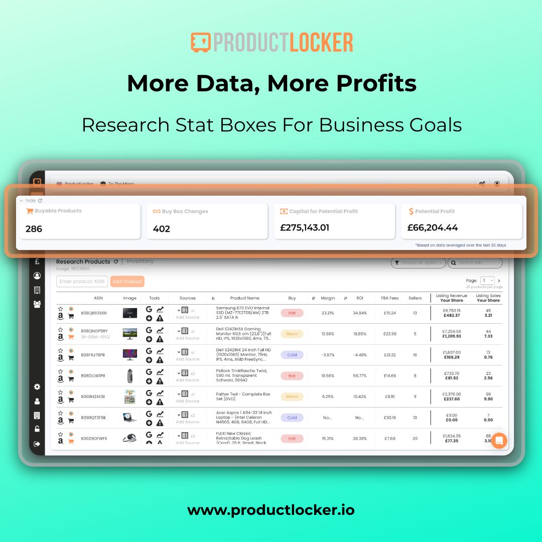 Make informed decisions with More Data, More Profit!
Our research tab’s stat boxes provide crucial insights at a glance. Elevate your Amazon business by understanding its true potential with ProductLocker.  #AmazonFBA #DataDriven #ElevateYourBusiness