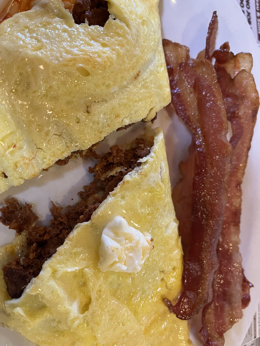 Chorizo omelette, butter and bacon… the breakfast of champions. 😂