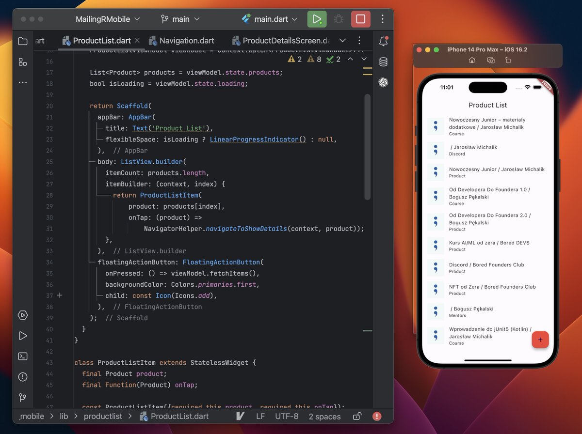 JarekOnTech's tweet image. New Flutter app incoming!
Domain: e-learning platform (courses, newsletters, ebooks)
MVVM with Provider, ioc_container
Still sometimes confused with Dart. It's a shame that Flutter isn't backed by Kotlin!
