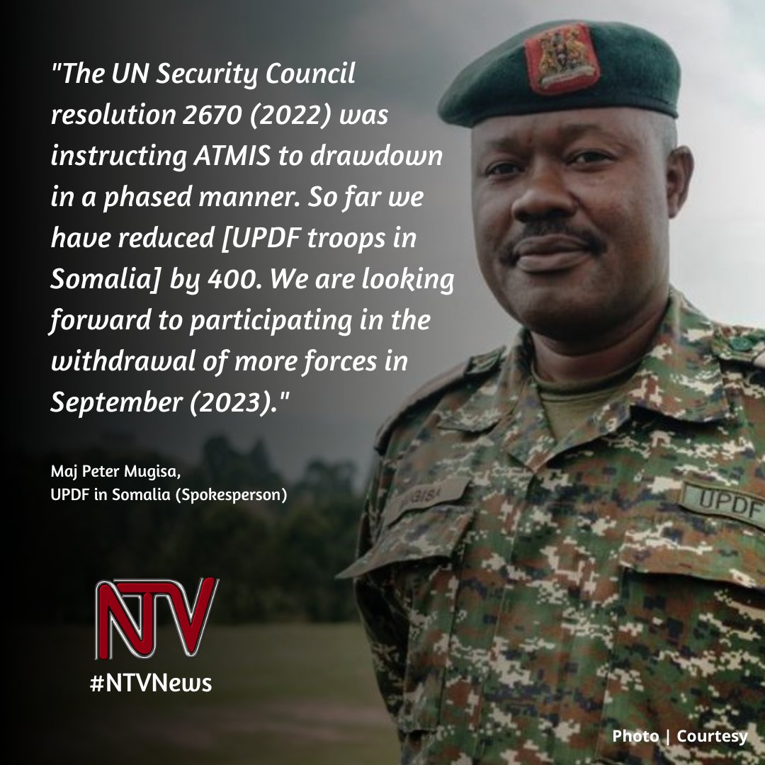JUST IN: UPDF has started withdrawing troops from Somalia. 

The Spokesperson of UPDF in Somalia, Maj Peter Mugisa has confirmed that the African Union Transition Mission in Somalia (ATMIS) is withdrawing up to 3,000 troops in a phased manner and handing over bases to the