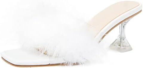 Heiyom Women’s Square Toe High Stilettos Heels Mules Sandals Fluffy Feather Slip on Clear High Heels Wedding Bridal Party Dress Shoes... bit.ly/439bBAu