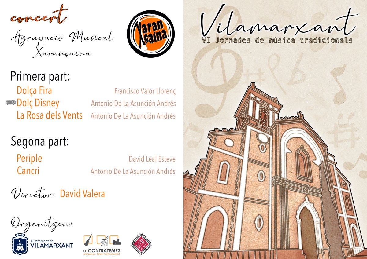Avui a les 22:30, concert de la Colla Xarançaina, amb motiu del dia de la dolçaina que s'organitza a Vilamarxant.
Interpretarem obres de David Leal Esteve, Francisco Valor Llorens, Antoni De La Asunción Andrés i José Maria Peñalver.
Vos esperem!
<a href="/xirimita/">Xirimita</a>
#ConcertDeDolçaina