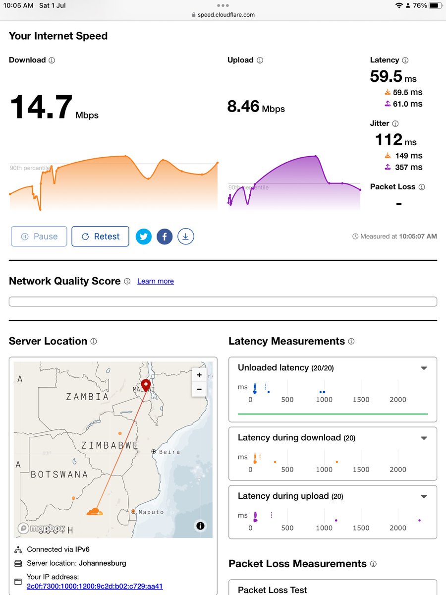 IPv6 Speed test in Lilongwe. We are probably the only service provider in Malawi that can offer dual stack IPv4 and IPv6
#IPv6
#BroadbandForTheRestOfUs