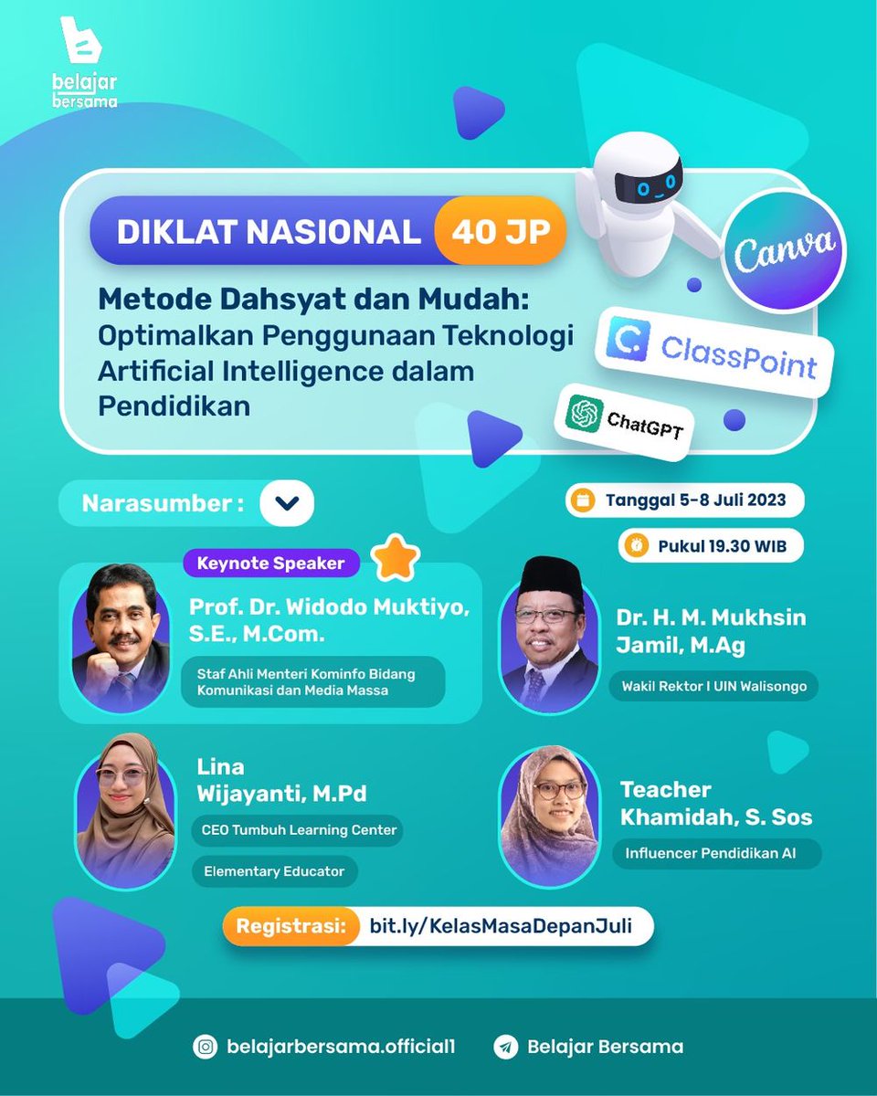 *[INFO DIKLAT GRATIS LANJUTAN]* *"Metode Dahsyat dan Mudah: Optimalkan Penggunaan Teknologi Artificial Intelligence dalam Pendidikan"* sudah *DIBUKA.* Bagi Bapak/Ibu yang ingin mendaftar lebih dulu, silahkan klik link dibawah ini👇👇
📍 *LINK PENDAFTARAN:*
bit.ly/KelasMasaDepan…