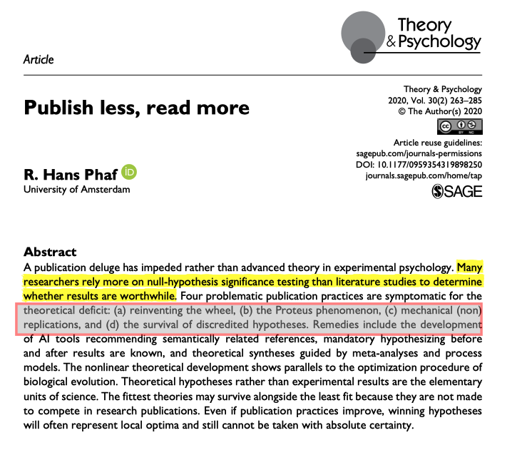 m_schweinsberg's tweet photo. (Phaf, 2020): "Many researchers rely more on null-hypothesis significance testing than literature studies to determine whether results are worthwhile. Four problematic publication practices are symptomatic for the theoretical deficit: (a) reinventing the wheel, (b) the Proteus https://t.co/HAAnGPxOho