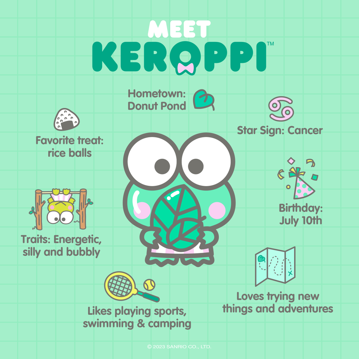 sanrio's tweet photo. Keroppi is our Friend of the Month for July🐸 💚 Here are some fun facts about our bubbly friend! P.S. Did you know it's also his 35th Anniversary? #SanrioFOTM #Keroppi35 https://t.co/Zj5YeV9xic