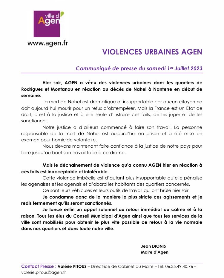 Communiqué de Jean DIONIS, Maire d’AGEN concernant les violences urbaines à Agen