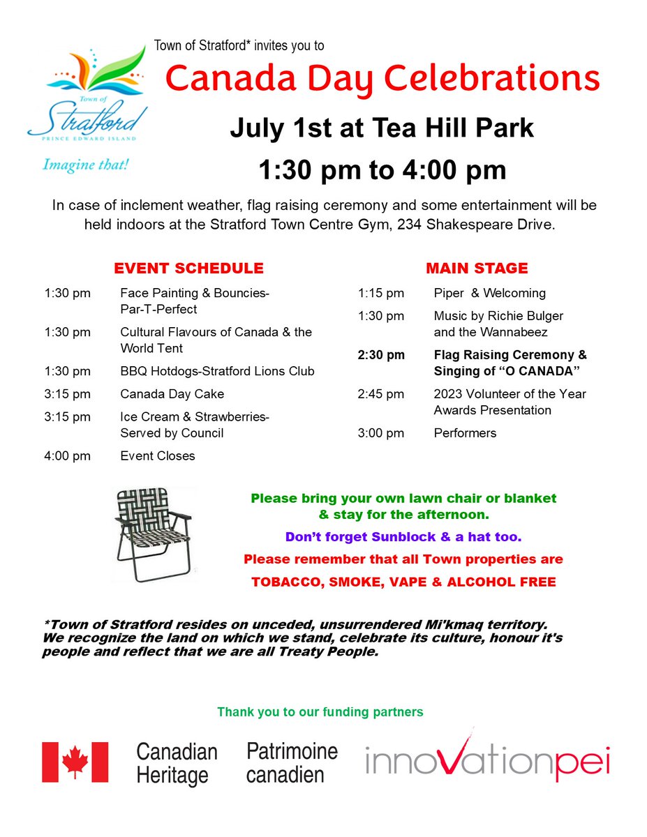 It's all systems go for a great day at Tea Hill Park celebrating our country! Please join us from 1:30-4pm for entertainment, food, fun and a wonderful community gathering. All are welcome. #StratfordPEI
