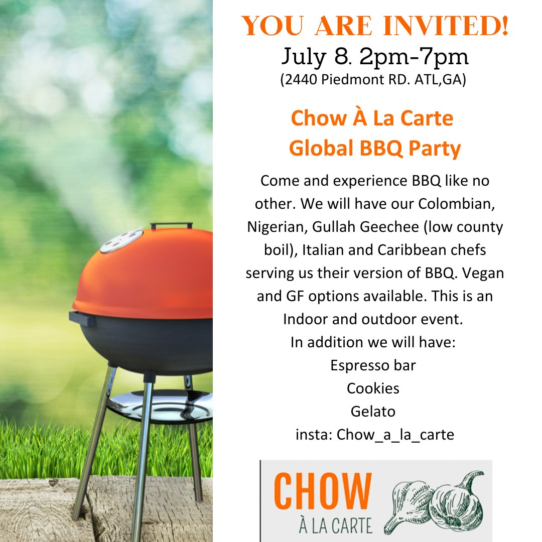atlin60sec's tweet photo. Hey Foodies! Come out and meet the Chefs and experience BBQ like no other. @chow_a_la_carte will have Colombian, Nigerian, Gullah Geechee (low county boil), Italian & Caribbean chefs serving their version of BBQ.
https://t.co/RJY1wbSMFd
#chow_a_la_carte #atlin60sec #atlanta https://t.co/IDlmbcLeMv