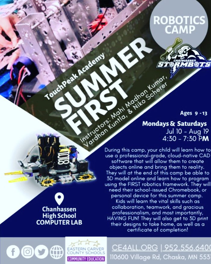 chanrobotics's tweet image. Check out our non-profit camp, in partnership and run by TouchPeak Academy! This is a camp for the ages of 9-13, giving effective robotics exposure and training to the youth in our community. The camp is ONLY $9, and no previous experience is required!