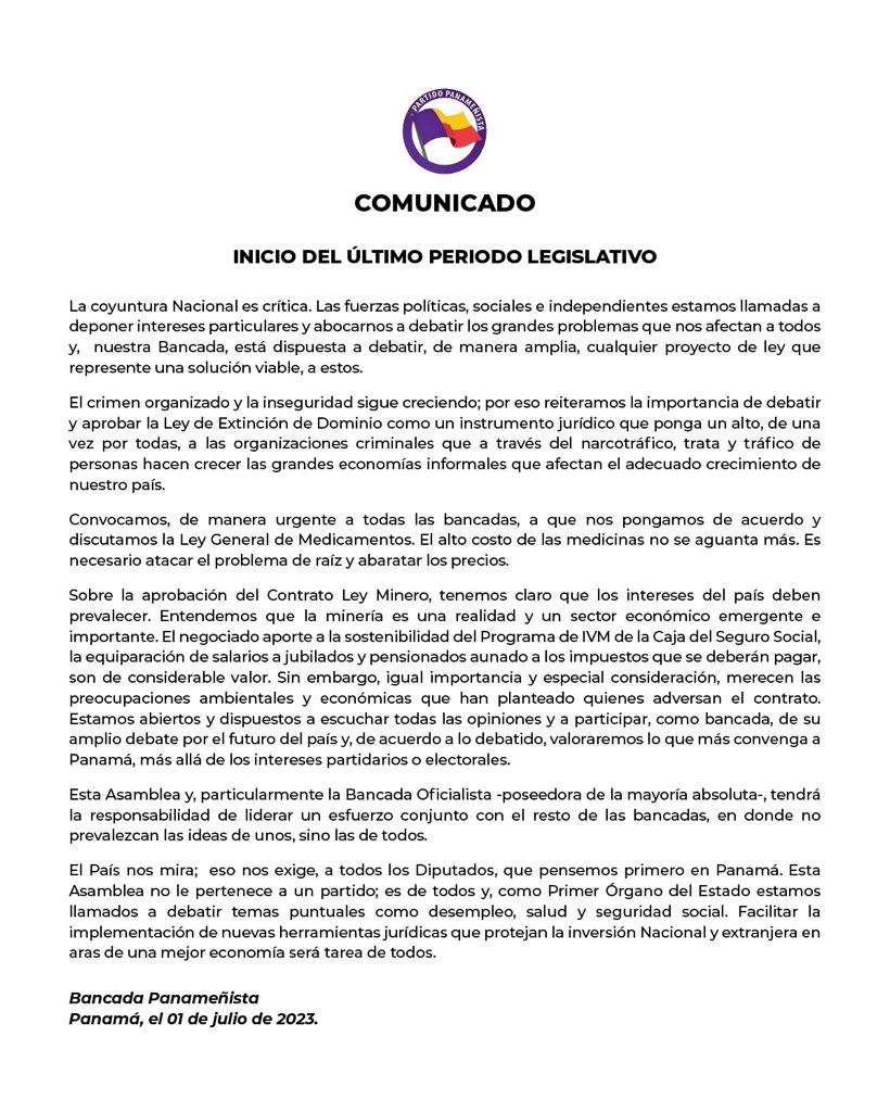 Comunicado Oficial de la Bancada del Partido Panameñista.

1 de julio 2023