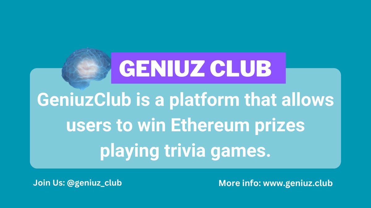 GeniuzClub is a platform that allows users to win Ethereum prizes playing trivia games.

Get more info: geniuz.club

<a href="/geniuz_club/">GeniuzClub</a>
#Btc #doge #eth #shib #coin #token #nft #Crypto