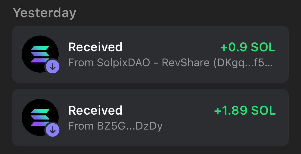 WPRadjesh's tweet photo. @solpixdao THANK YOU @solpixdao
Got my profit shares for #vengeance and #Titans
Bullish on #solpix πππ https://t.co/7y2csNnvNF