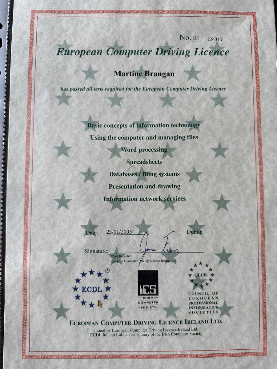 martinebran's tweet image. Weeding out old paper files, going through work related folder came across my ancient #ECDL cert dating from 2003. Who got to name it the European Computer *Driving License*? Why not “Certificate of IT Skills, Level 1” or something like that. Like who was going to fine me for…