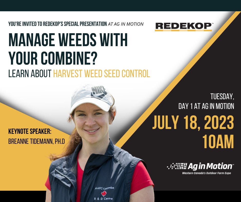 Happy Canada Day! We are thrilled to announce that we will be hosting a Harvest Weed Seed Control Seminar this year <a href="/AginMotion/">Ag in Motion</a> and our Keynote Speaker is Breanne Tidemann, Ph.D from <a href="/AAFC_Canada/">AAFC Canada</a>