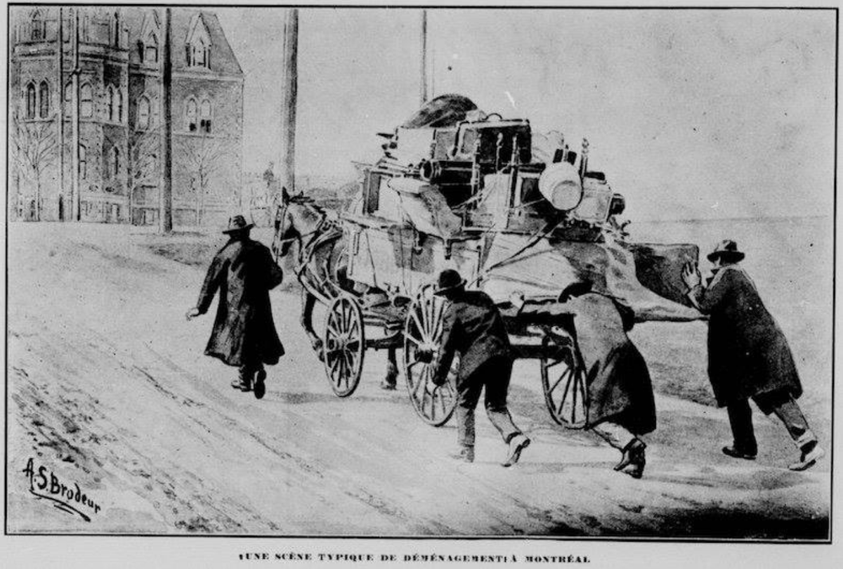 JeanFrancoisNad's tweet photo. Une scène de déménagement à Montréal en 1904. Jusqu’en 1975, on déménageait le 1er mai, le jour de la fête des travailleurs. Depuis, c’est le 1er juillet, jour de l’adoption de l’Acte de l’Amérique du Nord britannique, voté à Londres et fêtée aujourd’hui comme «la fête du Canada» https://t.co/yC4vWr36tZ