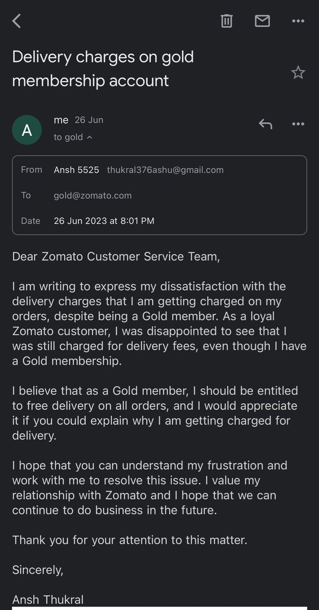 AnshThukral8's tweet photo. @zomatocare @zomato Hey @Zomato, I recently ordered food from Mystic Grill and was charged a delivery fee even though I have a Gold membership. My order number is 4992210910. I've tried contacting your support team through email and in-app support, but haven't received any (1/2) https://t.co/Yj7lmaTKjk