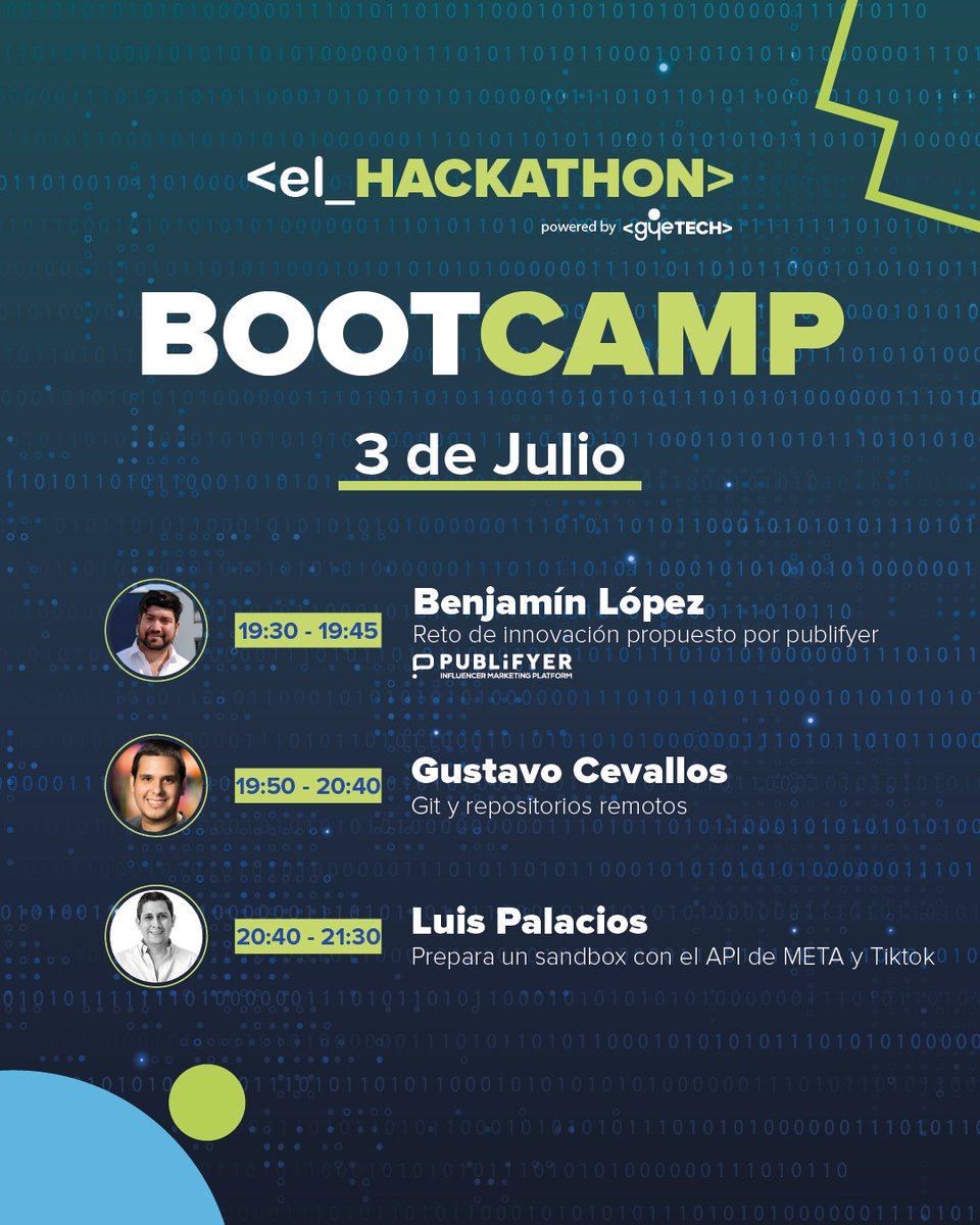 pyecuador's tweet image. ¡Nos preparamos para &amp;lt;el_hackaton&amp;gt;!

Primera parada: el Bootcamp preparatorio  🚀

📆Del 3 al 6 de julio
🕖19:30 a 21:30
🤓Modalidad: Virtual
Hablemos de #marketing, #AWS, #APIs, #PostgreSQL, #ChatGPT, #GIT y más 

Entrada libre: us02web.zoom.us/j/84481868900🔗