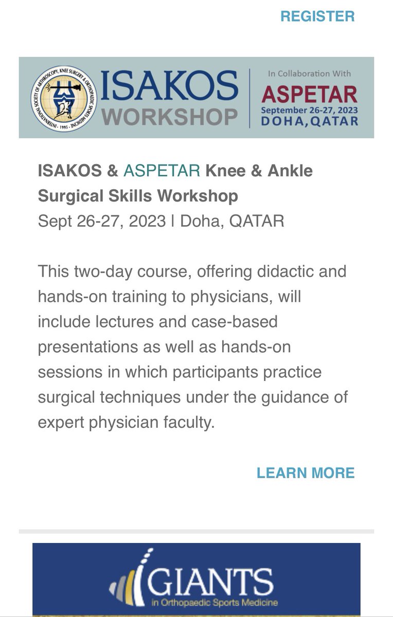 ISAKOS’ Fenomenal Faculty lands in Aspetar on Sept 26 & 27 2023! Advanced Knee surgical skills workshop with additional live Ankle bonus session! ACL, meniscal repair, HTO, multilig, Patellofem,… Mark your calendar🤝Registration opens soon🌏