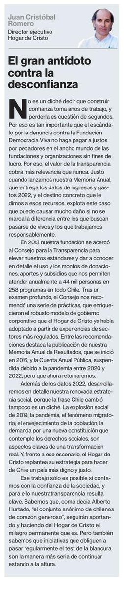 Buena columna de JCRomero  <a href="/Hdecristo/">Hogar de Cristo 🇨🇱</a> : las fundaciones, los desafíos de Chile y la confianza
- Tenemos  que subir los standard.
- hay mucha profundidad en la Sociedad Civil
- Chile Cambio, los desafíos son otros y debemos actualizarnos todos

#casoconvenios #DemocraciaViva