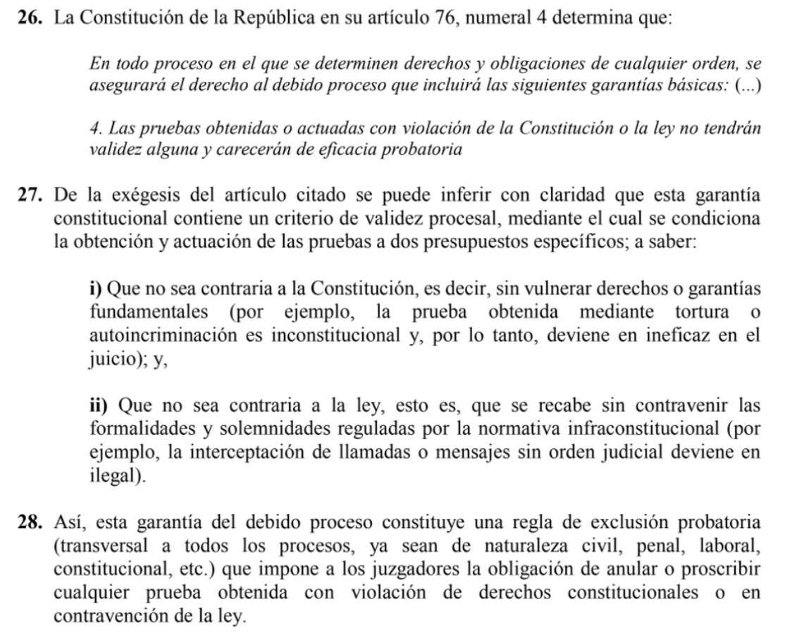 VeronicaLHM's tweet image. 🟠Sobre el Art. 76.4 CRE: “las pruebas obtenidas o actuadas con violación de la Constitución o la ley no tendrán validez alguna y carecerán de eficacia probatoria”. 

#LaCortedice que esta garantía contiene un criterio de validez procesal, mediante el cual se condiciona la