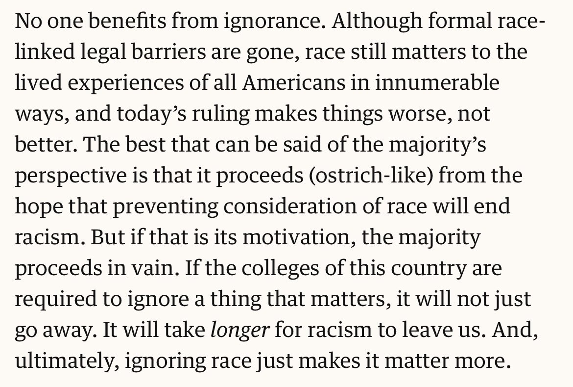 Education determines who is influencing society. The Supreme Court ruling on affirmative action does not recognize how race disqualifies some. If we were all evaluated equally, then ur American nationality (no hyphen) would be enough. 

Via Justice Jackson
theguardian.com/commentisfree/…