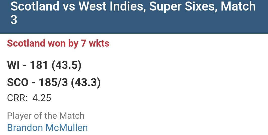 Another blockbuster defeat west indies .. Massive win Scotland . Congrats team @CricketScotland and team #BrandonMcMullen today super hero #SCOvsWI #WorldCup2023 #supersixes