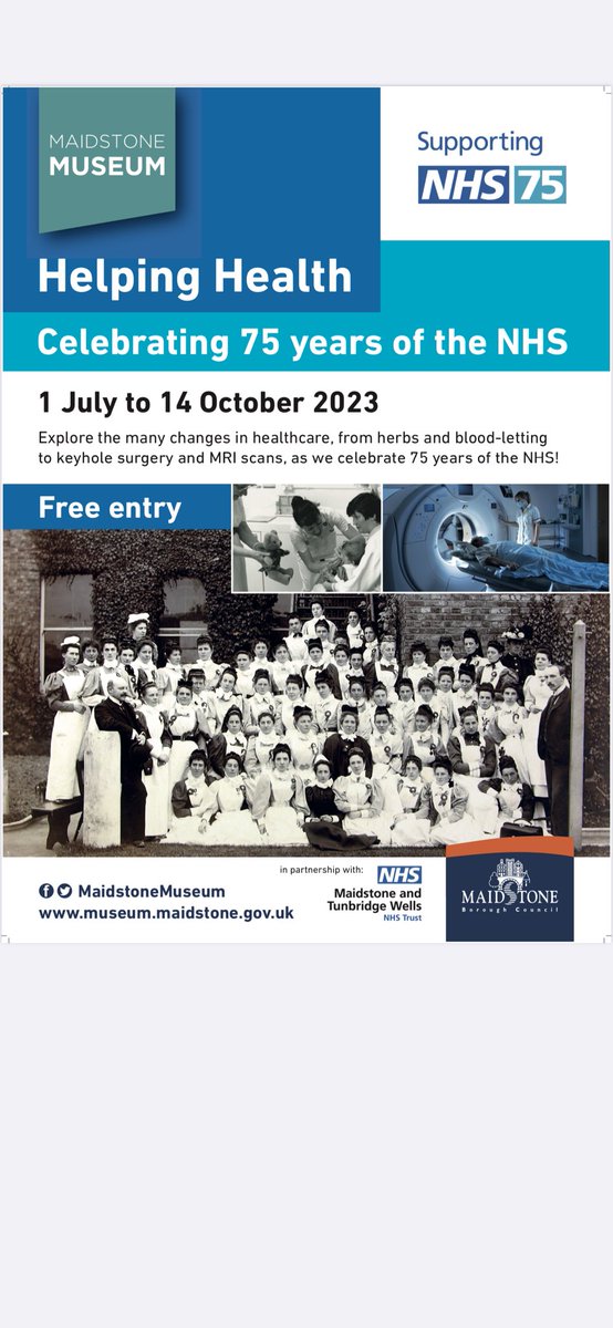 Well after a long time and lots of work - here’s the poster that tells you about our exhibition! There is a huge amount that we still don’t know about the history of healthcare in Maidstone so help us fill in the gaps! <a href="/MTWnhs/">Maidstone and Tunbridge Wells NHS Trust</a> <a href="/MaidstoneMuseum/">Maidstone Museum</a> #NHS75