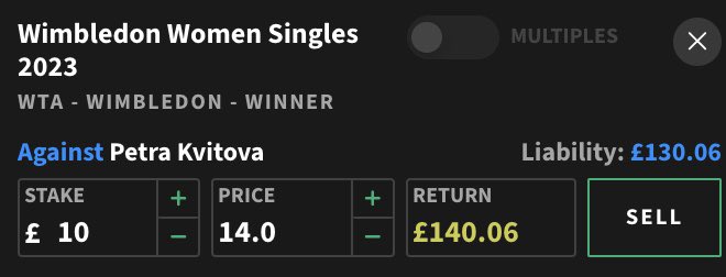 Stan4Chain's tweet image. Wimbledon Women’s Singles 🎾

🔹Stake £10 on Kvitova to win the tournament on Bet365 with winnings boosted 🟢

🔹Lay £10 on Kvitova to win the tournament on Smarkets ⚫️

🔹Risk Free shot at £20 profit 🔥

#Wimbledon #Tennis