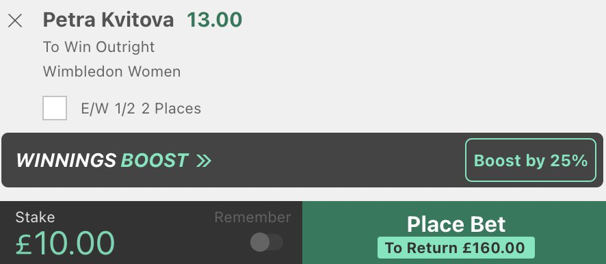 Stan4Chain's tweet image. Wimbledon Women’s Singles 🎾

🔹Stake £10 on Kvitova to win the tournament on Bet365 with winnings boosted 🟢

🔹Lay £10 on Kvitova to win the tournament on Smarkets ⚫️

🔹Risk Free shot at £20 profit 🔥

#Wimbledon #Tennis