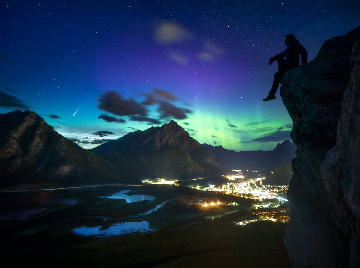 Happy Canada Day! 🇨🇦 About the Image: A memorable night in #Banff (Treaty 7 Territory) where aurora and the comet NEOWISE converged. Self-portrait (from the archives). #CanadaDay #neowisecomet #auroraborealis