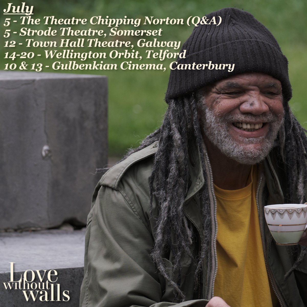 It's officially July so it's time to check in on where you can see #LoveWithoutWalls this month

We'll be making our way through #ChippingNorton and #Somerset to our #Irish Premiere at #FilmFleadh in #Galway, to #Telford & #Canterbury

For tickets visit: lovewithoutwallsfilm.com/cinema-bookings