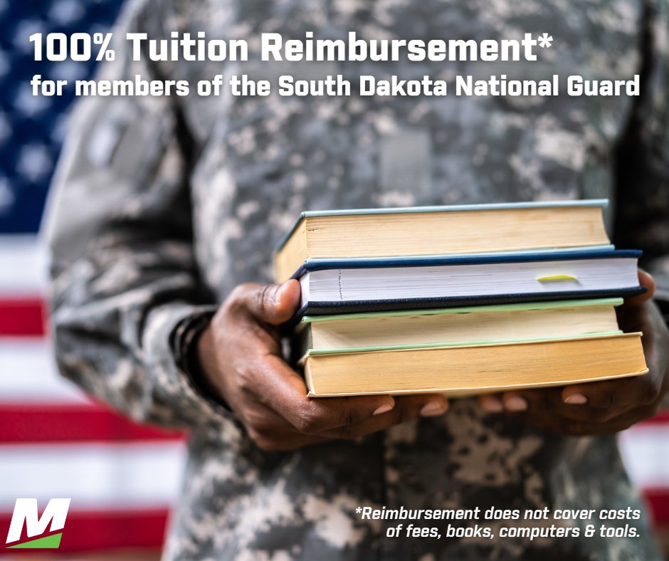 MitchellTech's tweet photo. #MitchellTech students who are enlisted in the @SDArmyNG  or South Dakota Air National Guard qualify for 100% tuition reimbursement. Inquire with #MTCFinancialAid and your recruiter for further details! https://t.co/mSJFULOazB #BeTheBest https://t.co/K5iDFVcWrK