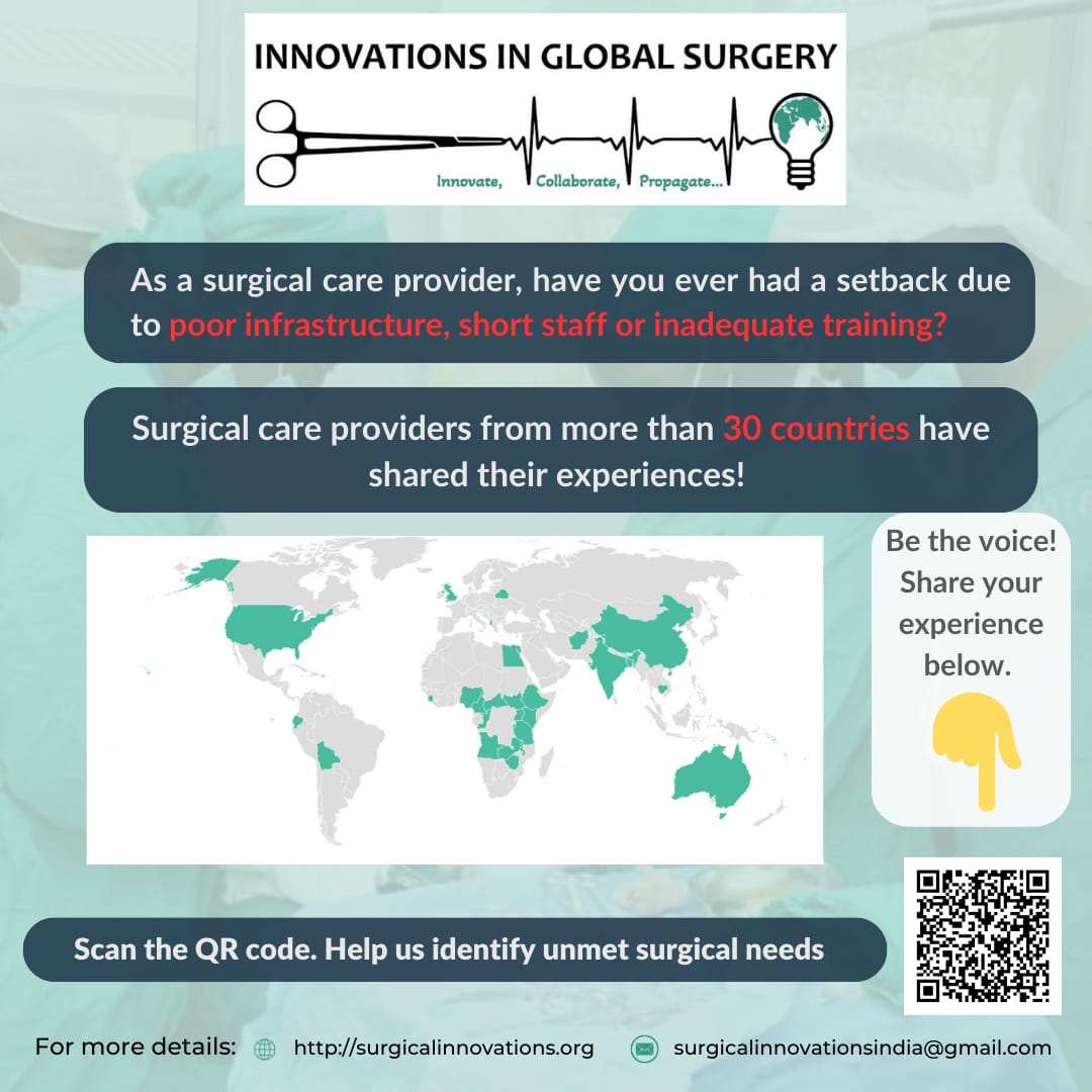 Calling all Surgical Care Providers worldwide!🌍

Facing setbacks due to infrastructure, staff, or training issues? 🏥 

Your experiences matter!💡

Join 30+ countries' providers as they share their #unmetneeds

Scan QR code and contribute!📲✨
#GlobalSurgery #EssentialSurgery