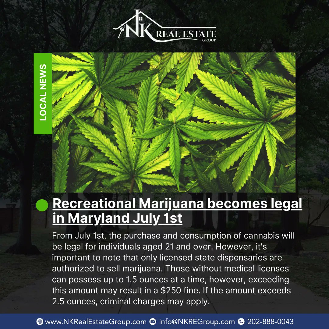 Maryland is now officially a legal weed state 🌿 

Starting July 1st, adults 21 and over can legally possess and use marijuana in Maryland.

#marylandweed #marylandlegalweed #weedlegalization #420 #cannabis #marijuana #pot #ganja #smokeup #realestate