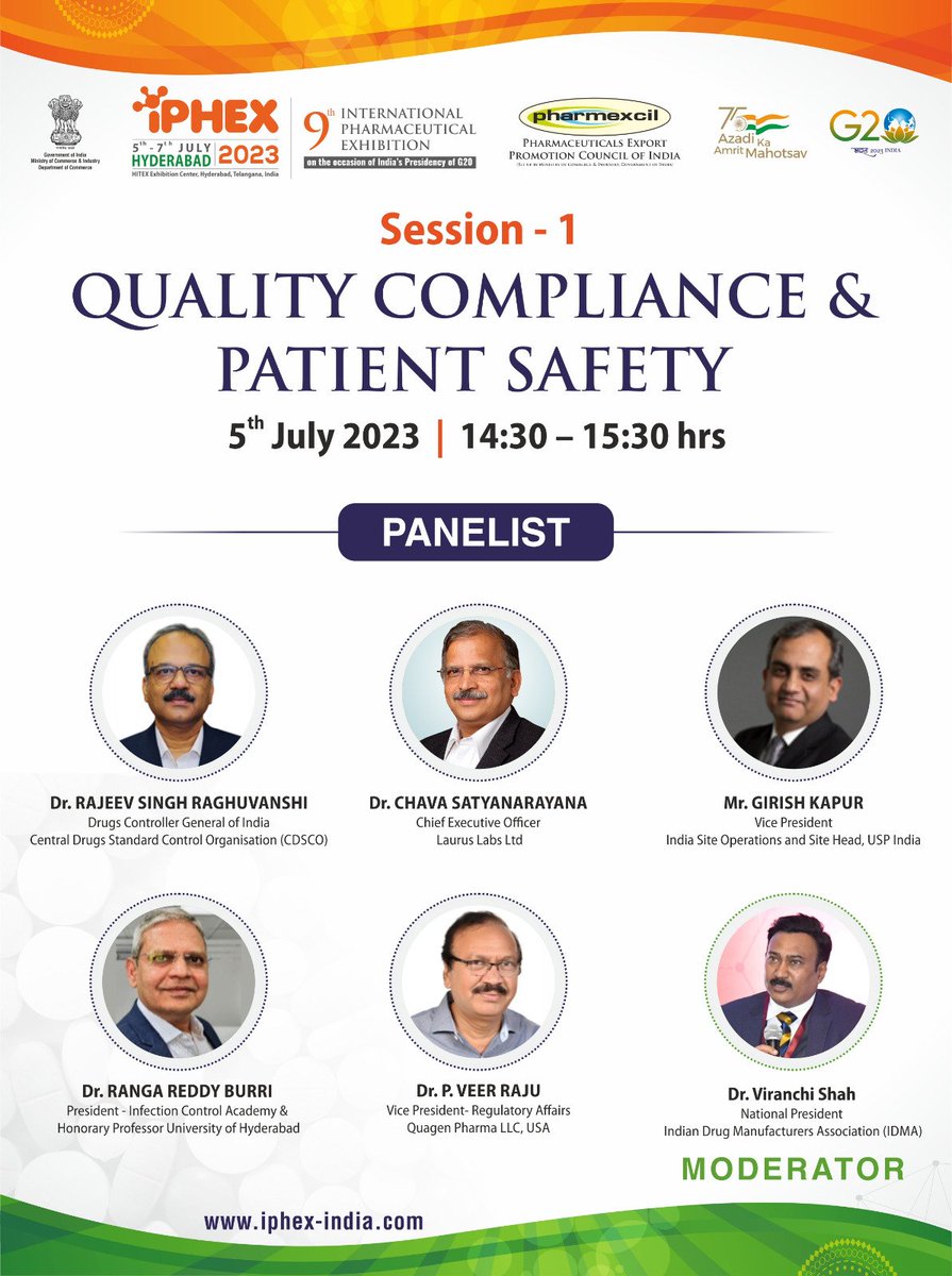 Pharmexcil (@pharmexcil) on Twitter photo Join us for Panel Session on Quality Compliance & Patient Safety at iPHEX-23-
Gain insights from Dr.Rajeev Singh Raghuwanshi, DCG(I) <a href="/CDSCO_INDIA_INF/">CDSCO_INDIA_INFO</a> Industry Leaders <a href="/IdmaPresident/">IDMAPresident</a>, Regulatory & Policy Health Professionals <a href="/USPinIndia/">U.S. Pharmacopeia India</a>
Register here:
iphex-india.com/visitor/visito… Join us for Panel Session on Quality Compliance & Patient Safety at iPHEX-23-
Gain insights from Dr.Rajeev Singh Raghuwanshi, DCG(I) <a href="/CDSCO_INDIA_INF/">CDSCO_INDIA_INFO</a> Industry Leaders <a href="/IdmaPresident/">IDMAPresident</a>, Regulatory & Policy Health Professionals <a href="/USPinIndia/">U.S. Pharmacopeia India</a>
Register here:
iphex-india.com/visitor/visito…