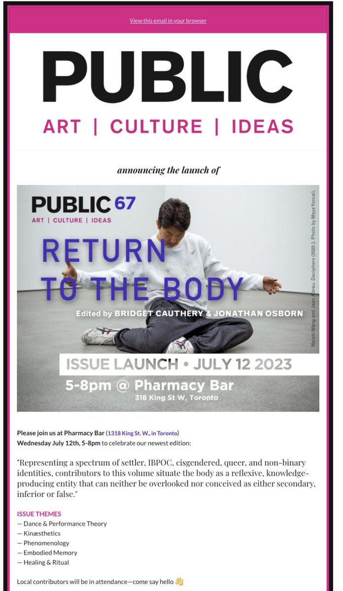 publicjourn_ca's tweet photo. Join us in launching PUBLIC 67: Return to the Body / Reversus est ad corpus edited by Bridget Cauthery and Jonathan Osborn #embodiment #kinaesthesia #dance https://t.co/RehVdgTIAP