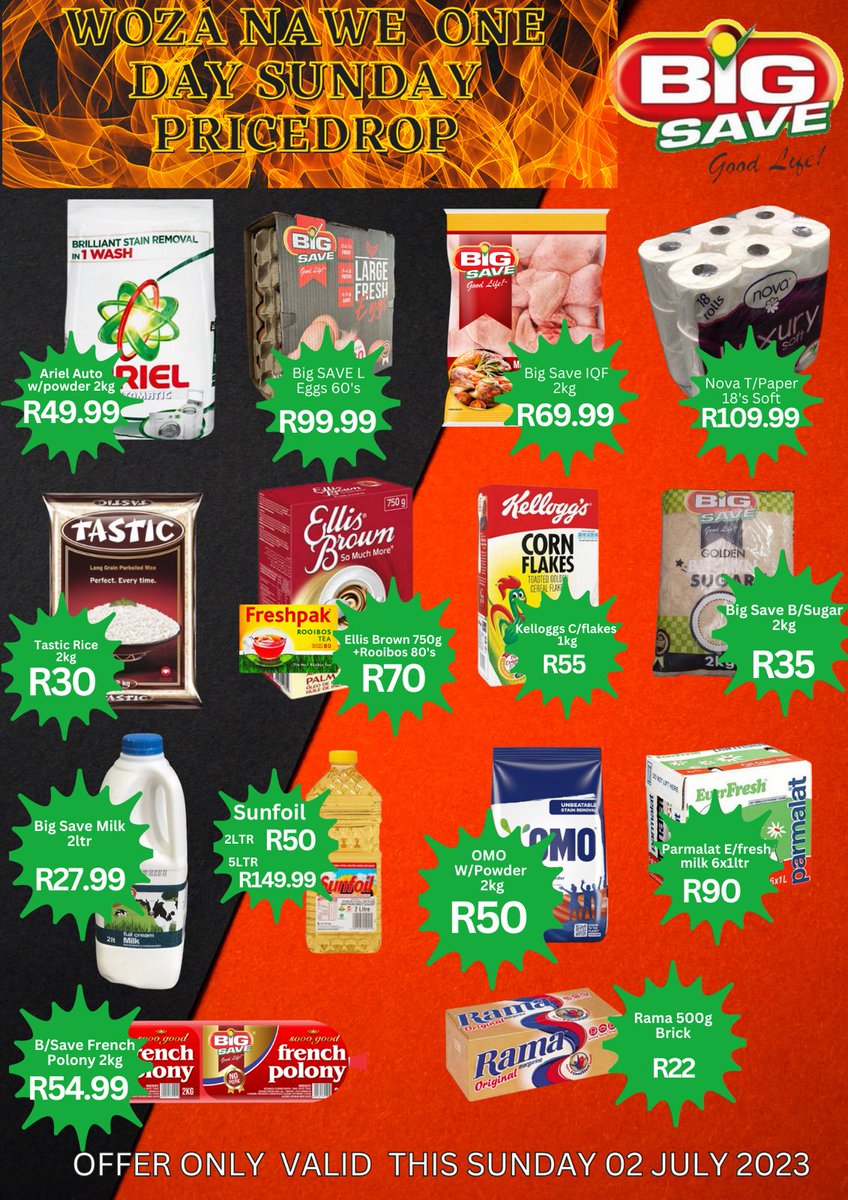 JEEMC3's tweet photo. Woza Nawe One Day Sunday Price Drop

Come and enjoy Sunday Shopping with us Big Save Waltloo Store tomorrow.

Big Save Waltloo Store will be open this Sunday 2nd July 2023.

#BigSave #JEEMC3 #Goodlife #BigSaveGroceryLiquor #JabusEvents #BigSaveWaltloo 

Come one Come all https://t.co/VoYnmjjadG