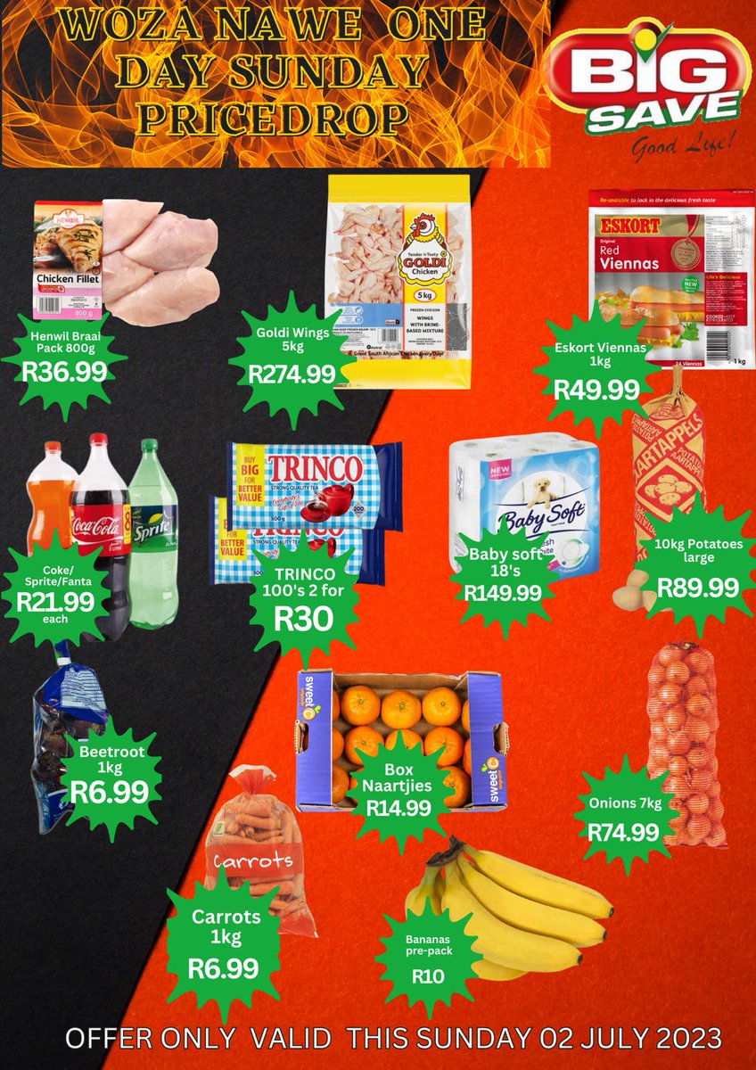 JEEMC3's tweet photo. Woza Nawe One Day Sunday Price Drop

Come and enjoy Sunday Shopping with us Big Save Waltloo Store tomorrow.

Big Save Waltloo Store will be open this Sunday 2nd July 2023.

#BigSave #JEEMC3 #Goodlife #BigSaveGroceryLiquor #JabusEvents #BigSaveWaltloo 

Come one Come all https://t.co/sTM4K6ayuU