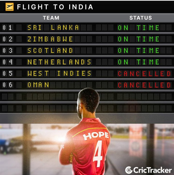 2x inaugural World Champions have missed their flight to India for #WorldCup2023 
They got three losses in a row
#WestIndies #CWC23Qualifiers #CWC23 #CWC2023 #BabarAzam𓃵 @AshleyMolly123