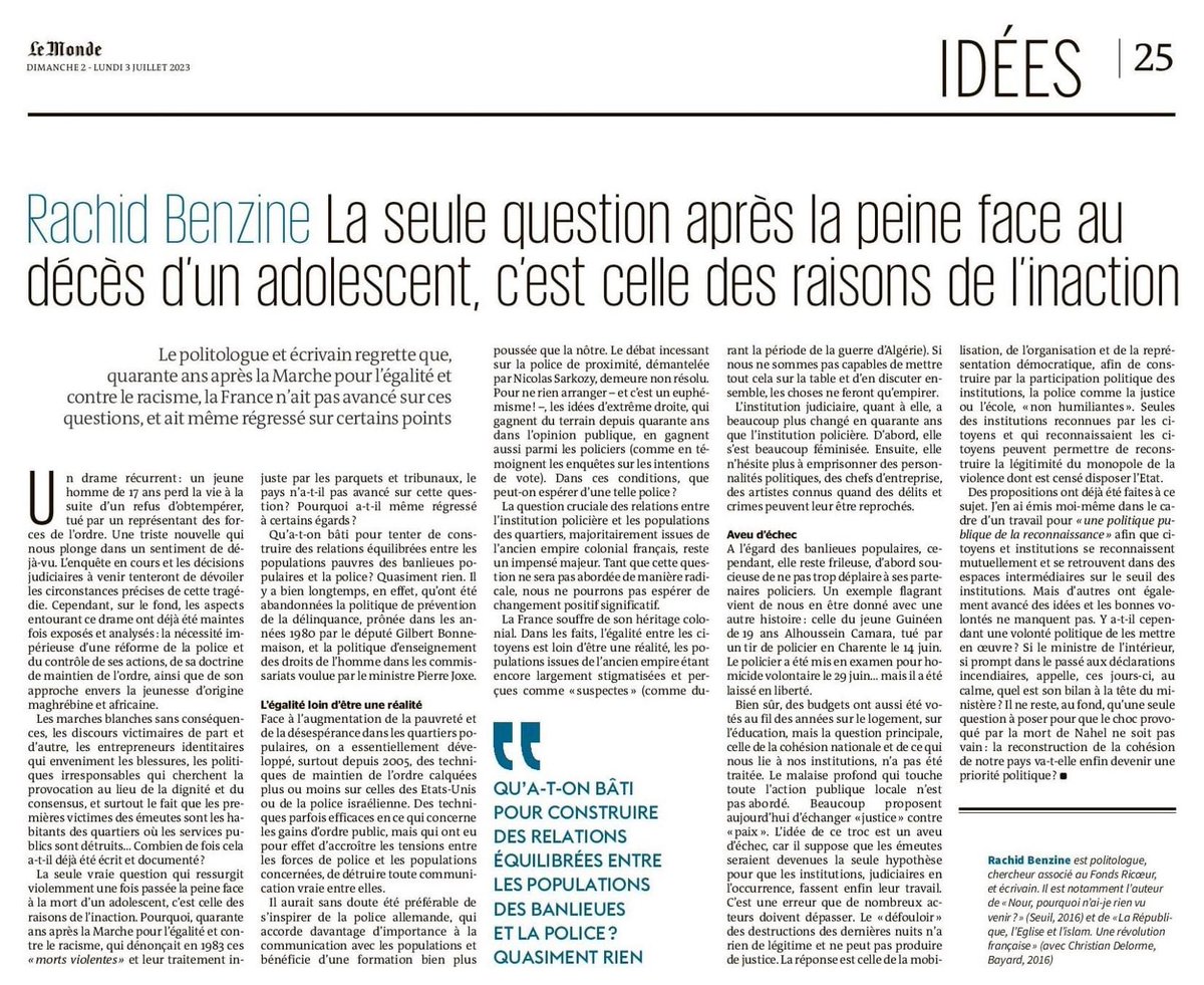 BenzineRachid's tweet photo. Mort de Nahel"La seule question qui ressurgit violemment une fois passée la peine  face au décès d’un adolescent, c’est celle des raisons de l’inaction"
"les 1ères victimes des émeutes sont les habitants des quartiers où les services publics sont détruits https://t.co/McSvN5EzHl