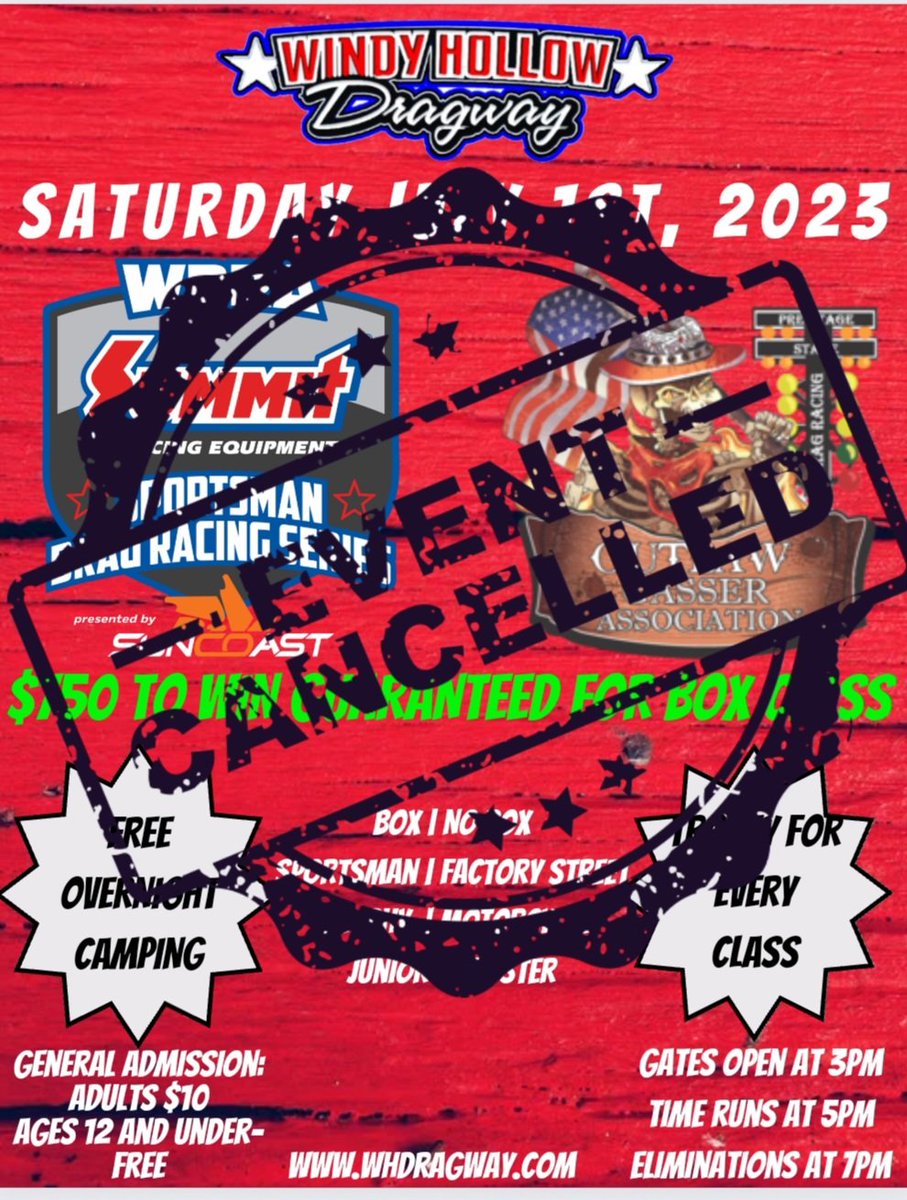 WHDragway's tweet photo. ATTENTION IN THE PITS, ATTENTION IN THE PITS:
Today's events at Windy Hollow Dragway have been canceled due to the forecast of severe weather and rain throughout the afternoon hours. We apologize for any inconvenience. We will see you next weekend!
#WHD23|https://t.co/S8pKiLGWqy https://t.co/vY9wjvRt56