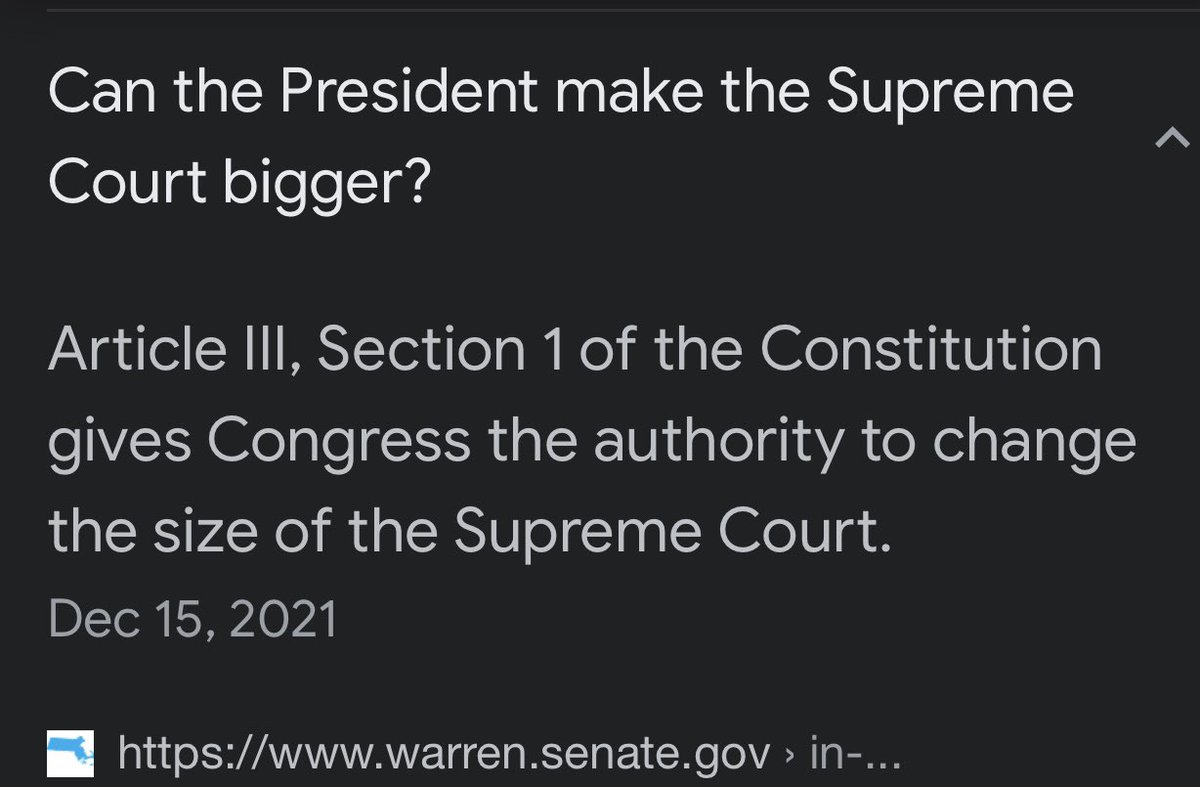To everyone angry at Biden for not expanding the Supreme Court…

Under Article 3, Section 1 - only Congress has the authority to change the makeup of the Court.

The last change to 9 was made in 1869 to match the number of Federal Circuit Courts.

This is precedent for expanding…