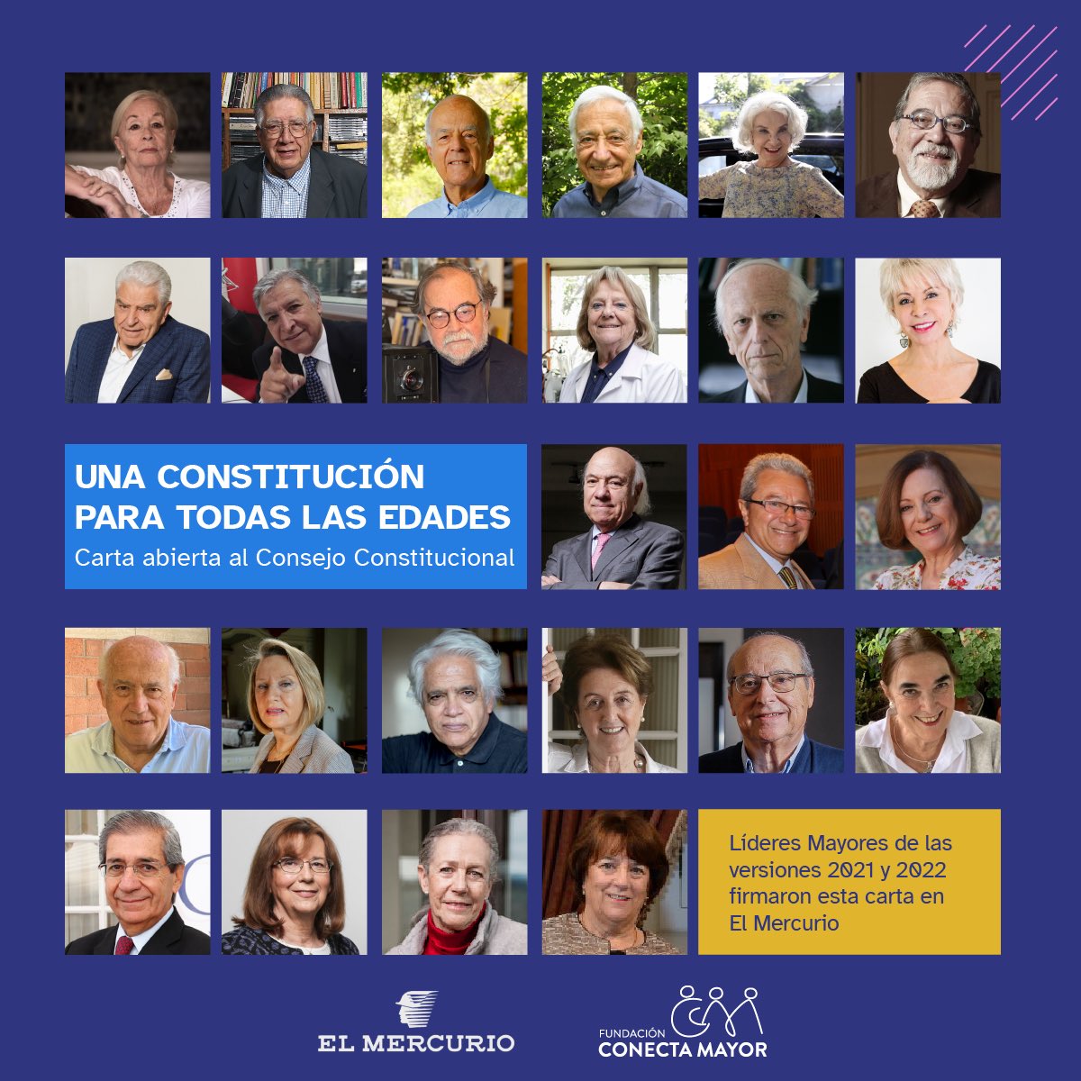 ConectaMayor's tweet photo. 📰🗞️ 25 Líderes Mayores se unieron en una carta publicada en @ElMercurio_cl para invitar a los consejeros constitucionales a eliminar los criterios de edad en el nuevo borrador constitucional.

¡Juntos construyamos una Constitución para todas las edades! https://t.co/er2CFfELRt