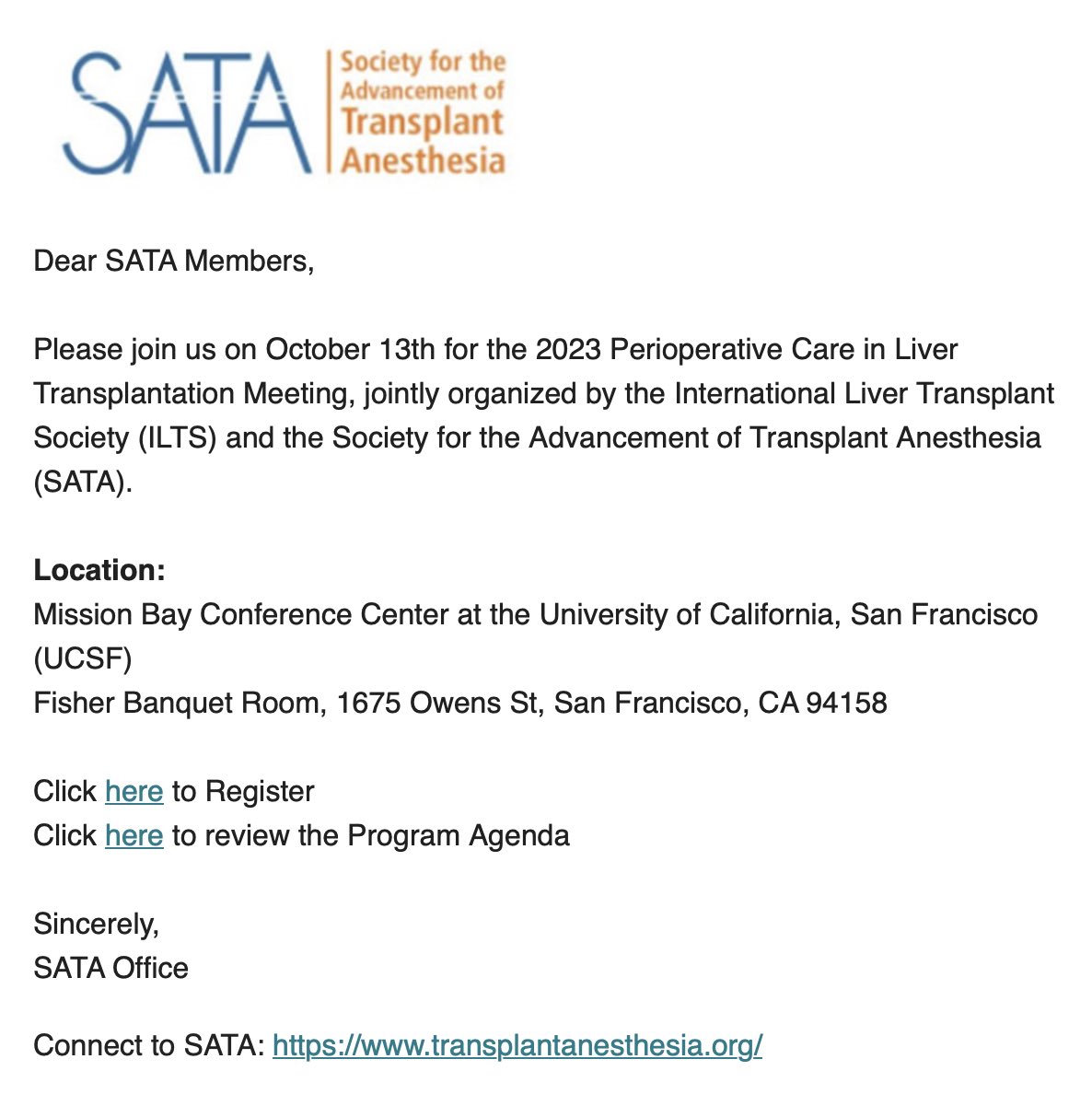 Please join us on October 13th for the 2023 Perioperative Care in Liver Transplantation Meeting at UCSF, jointly organized by the International #Liver #Transplant Society (ILTS) and the Society for the Advancement of Transplant SATA sata2022.wufoo.com/forms/m1q6g0v3… <a href="/_ILTS_/">ILTS</a>