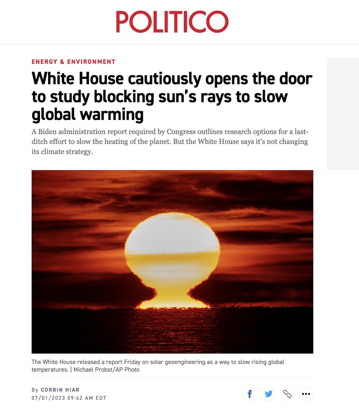 White House cautiously opens the door to study blocking sun's rays to slow  global warming - POLITICO