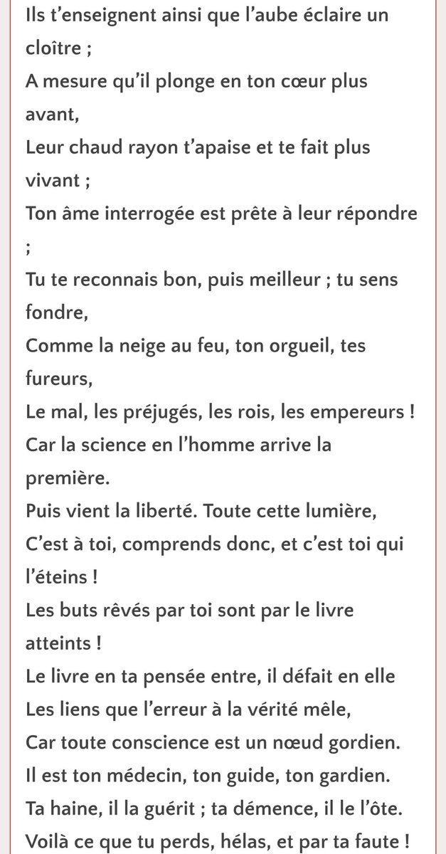 isafil's tweet photo. Ce poème de V. Hugo devrait être étudié par tous les élèves ⭐️

    A qui la faute ?

Tu viens d’incendier la Bibliothèque ?
– Oui,
J’ai mis le feu là.
– Mais, c’est un crime inouï !
Crime commis par toi contre toi-même, infâme !
Mais tu viens de tuer le rayon de ton âme !
👇 https://t.co/qiFGwmqfVt