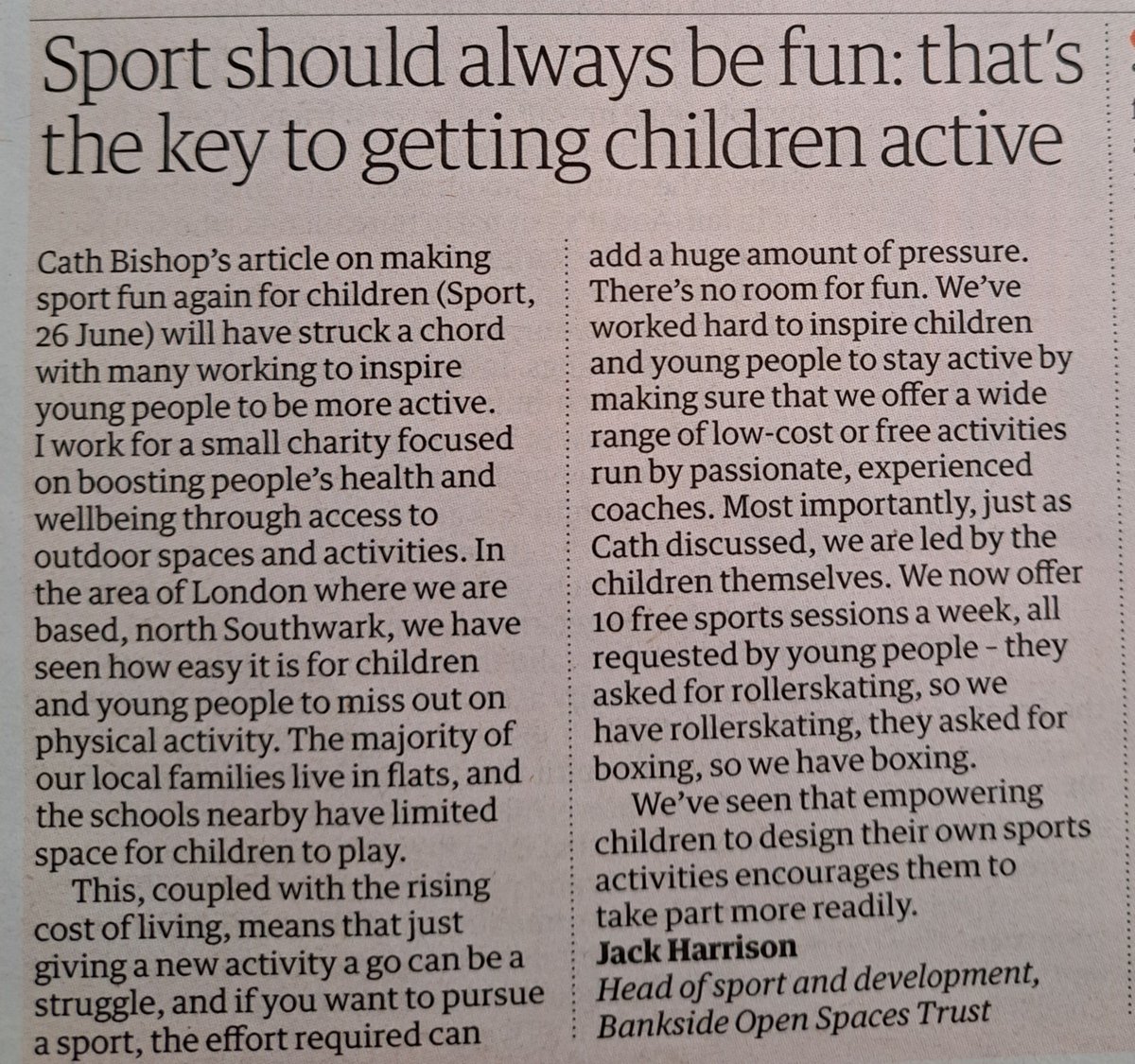 Good to see Bankside Open Spaces Trust making the case for free regular activities for #Southwark children in today's Guardian. We are keen to address this in our area of benefit, The Ancient Parish of Rotherhithe. #Rotherhithe #CanadaWater  #SurreyDocks #SouthwarkPark #SE16 #SE8