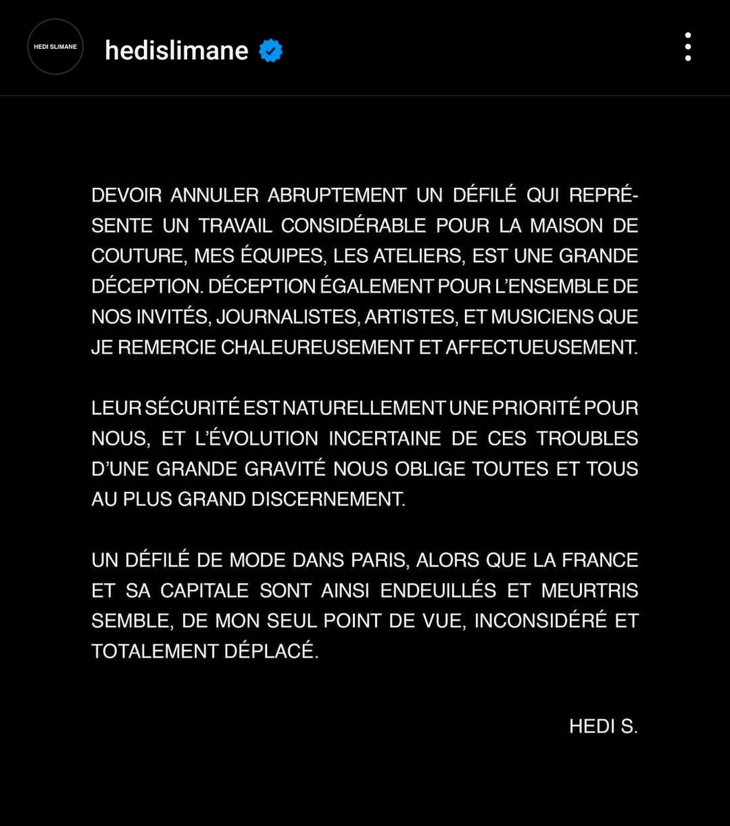 [INFO] According to a statement made by Hedi Slimane, the Celine event Tomorrow has been cancelled since their priority is the safety of the invited guests, including artists and journalists.