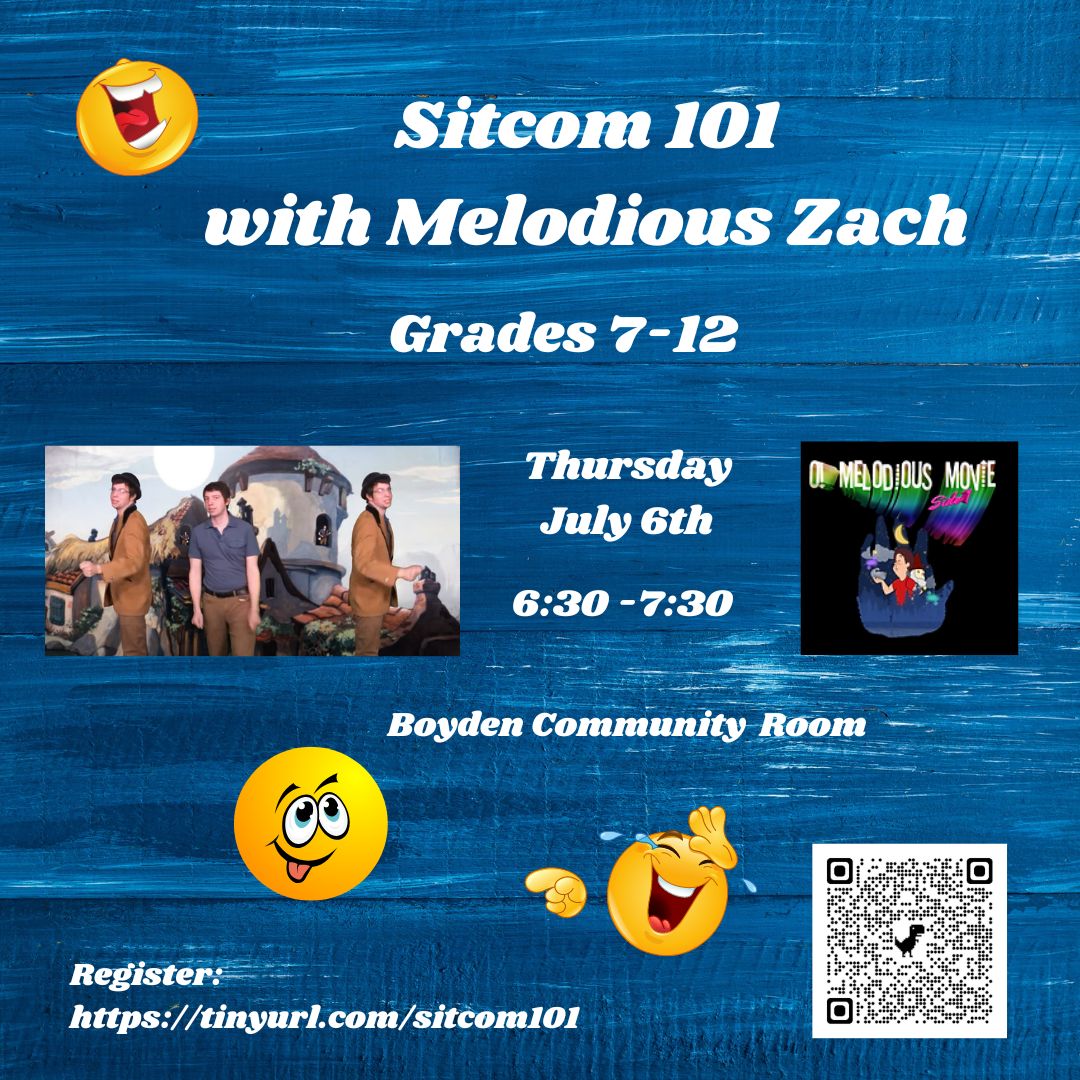 BoydenLibraryFX's tweet image. We have fun programs for Learn to make a sitcom with Melodious Zach Thursday, July 6th and the Maya Saturn Band (a fun family event!). Register Today! #Teens #music #sitcom #funny #foxboro #movies #rocknroll #soulmusic #families